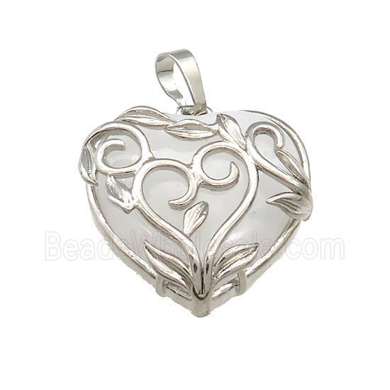 Natural Clear Quartz Heart Pendant Alloy Flower Wrapped Platinum Plated