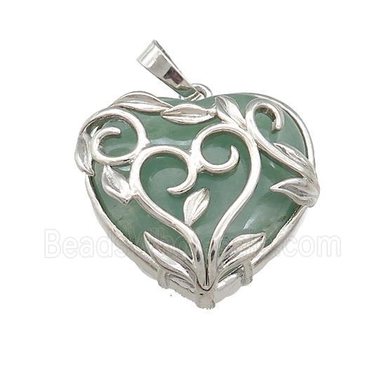 Natural Green Aventurine Heart Pendant Alloy Flower Wrapped Platinum Plated