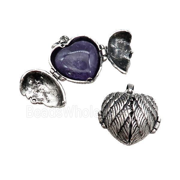 Zinc Alloy Heart Wish Box Locket With Purple Amethyst Antique Silver