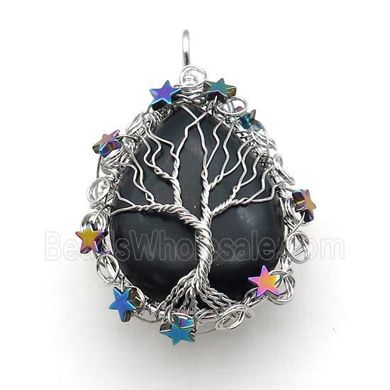 Natural Black Obsidian Teardrop Pendant With Tree Of Life Wire Wrapped Platinum Plated