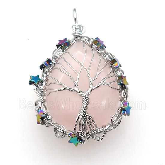 Natural Pink Rose Quartz Teardrop Pendant With Tree Of Life Wire Wrapped Platinum Plated