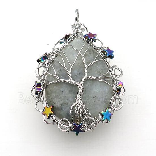 Natural Labradorite Teardrop Pendant With Tree Of Life Wire Wrapped Platinum Plated