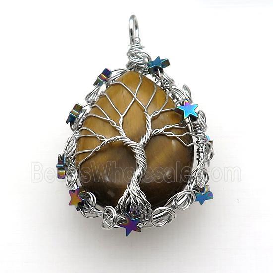 Natural Tiger Eye Stone Teardrop Pendant With Tree Of Life Wire Wrapped Platinum Plated