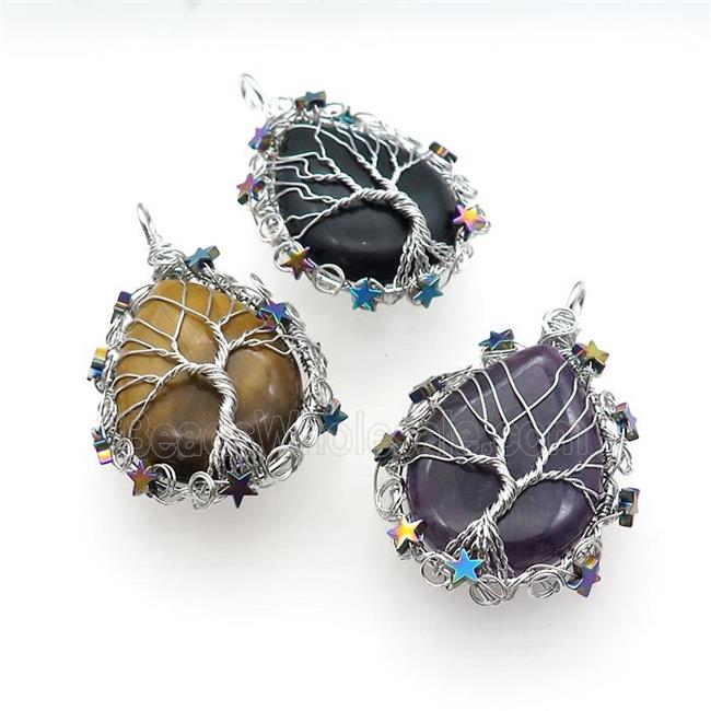 Natural Gemstone Teardrop Pendant With Tree Of Life Wire Wrapped Platinum Plated Mixed
