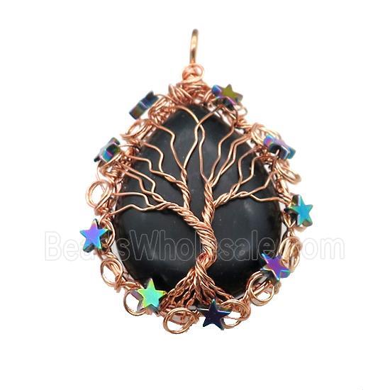 Natural Black Obsidian Teardrop Pendant With Tree Of Life Wire Wrapped Rose Gold