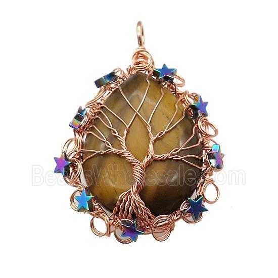 Natural Tiger Eye Stone Teardrop Pendant With Tree Of Life Wire Wrapped Rose Gold