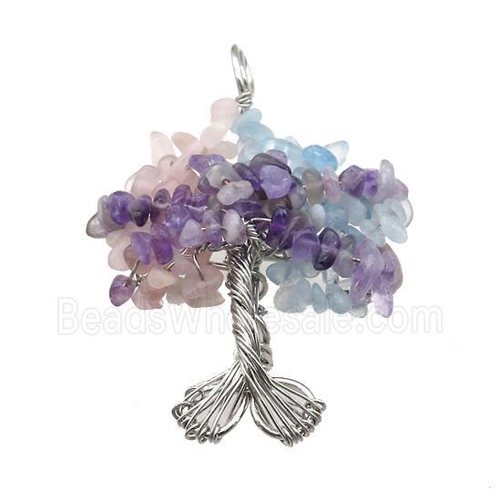 Natural Gemstone Chakra Pendant Tree Of Life Copper Wire Wrapped Platinum Plated