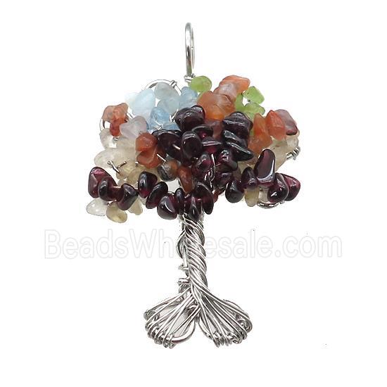 Natural Gemstone Chakra Pendant Tree Of Life Copper Wire Wrapped Platinum Plated