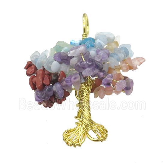 Natural Gemstone Chakra Pendant Tree Of Life Copper Wire Wrapped Gold Plated