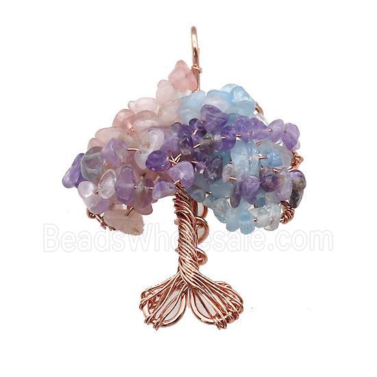 Natural Gemstone Chakra Pendant Tree Of Life Copper Wire Wrapped Rose Gold