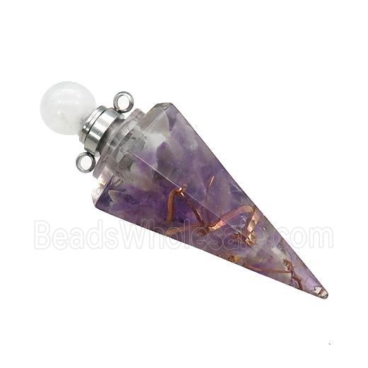Natural Purple Amethyst Chips Perfume Bottle Pendant Resin Cone Platinum Plated