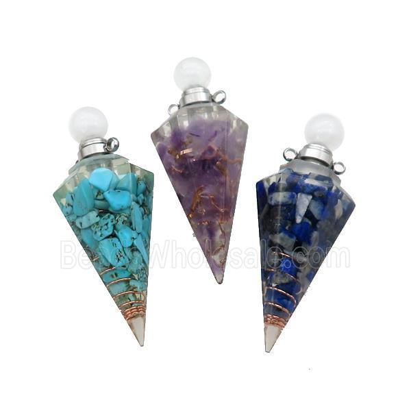 Natural Gemstone Chips Perfume Bottle Pendant Resin Cone Platinum Plated Mixed