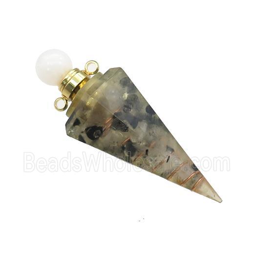 Black Rutilated Quartz Chips Perfume Bottle Pendant Resin Cone Gold Plated