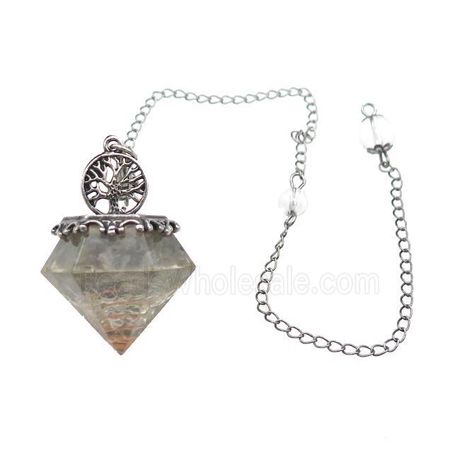 Labradorite Chips Dowsing Diamond Shape Pendulum Pendant Tree Of Life Copper Chain Platinum Plated