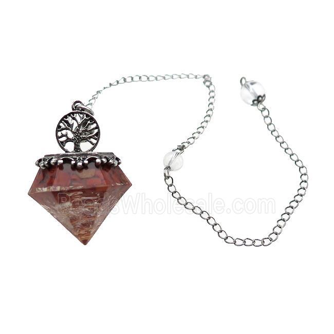 Red Jasper Chips Dowsing Diamond Shape Pendulum Pendant Tree Of Life Copper Chain Platinum Plated