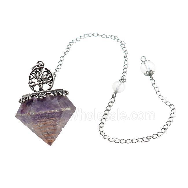 Purple Amethyst Chips Dowsing Diamond Shape Pendulum Pendant Tree Of Life Copper Chain Platinum Plat