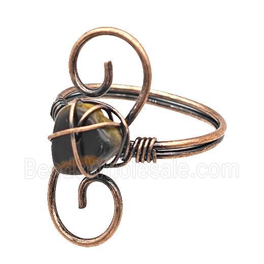 Copper Rings With Tiger Eye Stone Wire Wrapped Antique Red