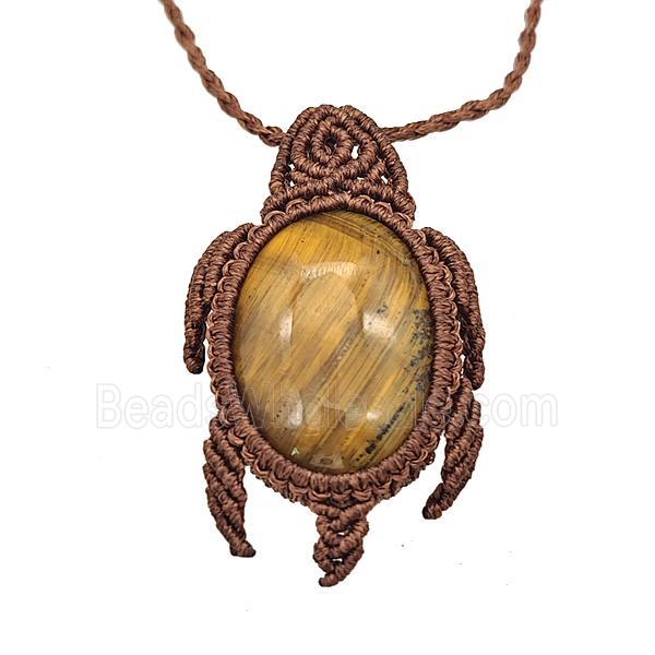 Natural Tiger Eye Stone Necklace Tortoise Waxed Fabric Rose Brown
