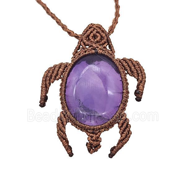 Natural Purple Amethyst Necklace Tortoise Waxed Fabric Rose Brown