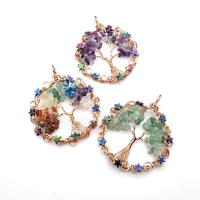 Gemstone Chips Pendant Tree Of Life Copper Wire Wrapped Rose Gold Mixed