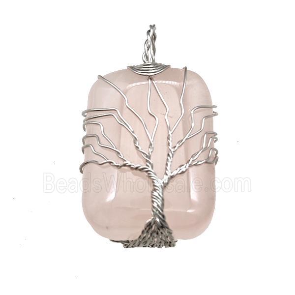 Pink Rose Quartz Rectangle Pendant Tree Of Life Copper Wire Wrapped Platinum