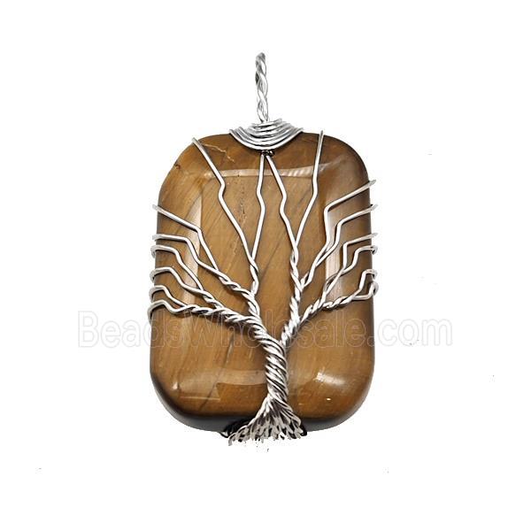 Tiger Eye Stone Rectangle Pendant Tree Of Life Copper Wire Wrapped Platinum