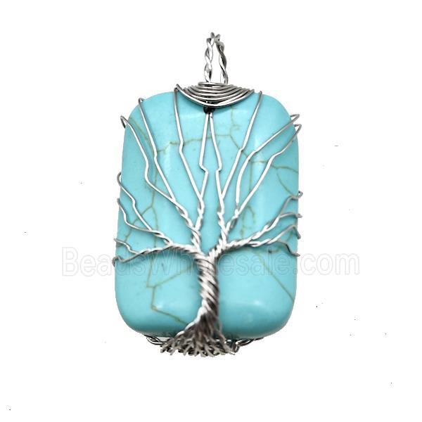 Blue Synthetic Turquoise Rectangle Pendant Tree Of Life Copper Wire Wrapped Platinum