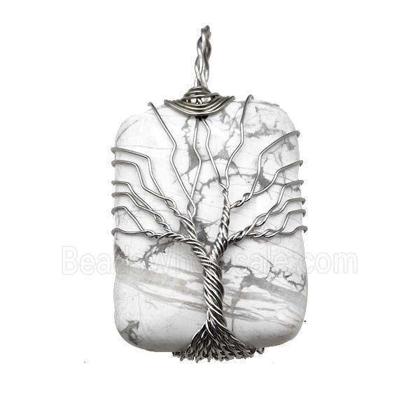 White Howlite Rectangle Pendant Tree Of Life Copper Wire Wrapped Platinum