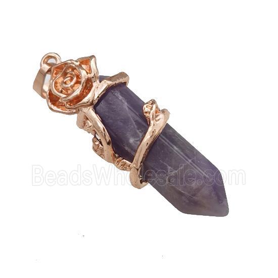 Natural Purple Amethyst Prism Pendant Cone Alloy Flower Wrapped Rose Gold