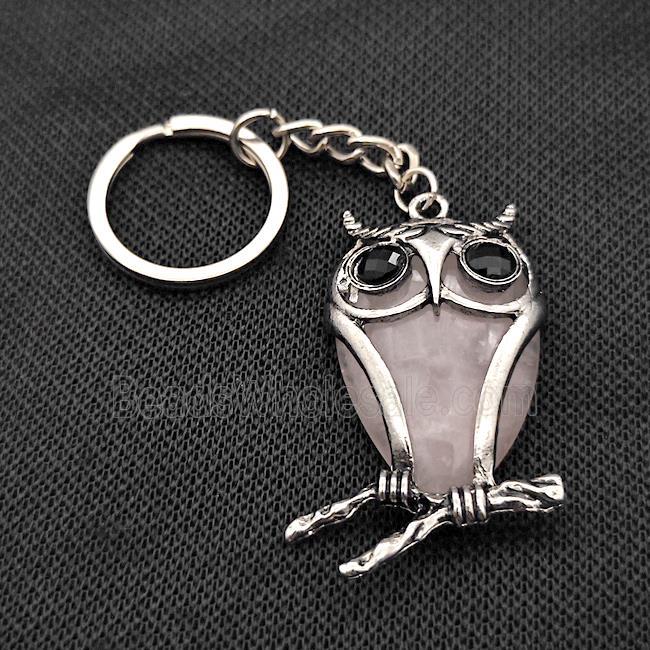 Owl Charms Keychain With Rose Quartz Alloy Platinum Plated