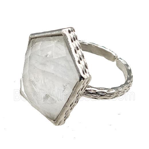 Clear Quartz Pentagon Rings Copper Shield Adjustable Platinum Plated
