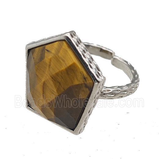 Tiger Eye Stone Pentagon Rings Copper Shield Adjustable Platinum Plated