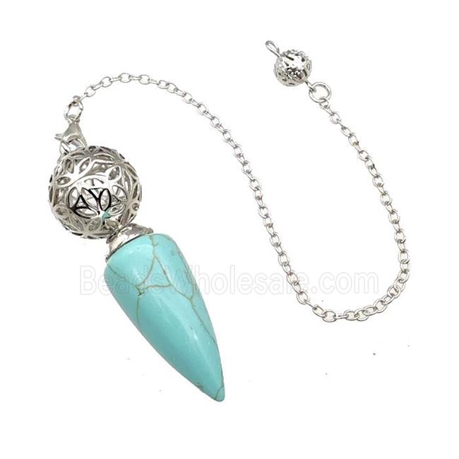 Synthetic Turquoise Dowsing Pendulum Pendant With Copper Hollow Ball Chain Platinum