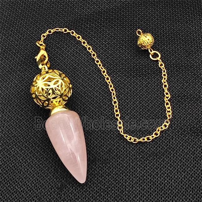 Natural Rose Quartz Dowsing Pendulum Pendant With Copper Hollow Ball Chain Gold Plated