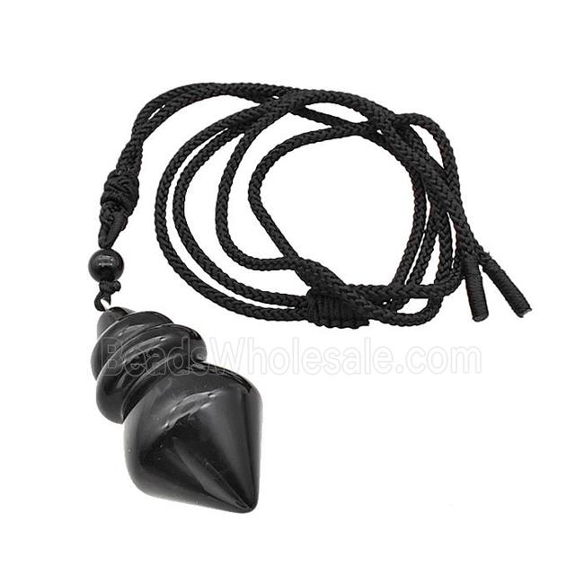Black Obsidian Dowsing Pendulum Necklace Black Nylon Rope