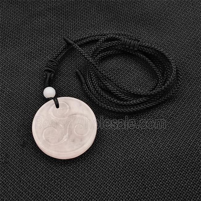 Natural Pink Rose Quartz Triskelion Necklace Circle Black Nylon Rope