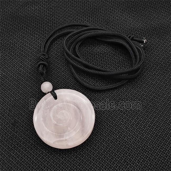 Natural Pink Rose Quartz Spiral Necklace Circle Black Nylon Rope