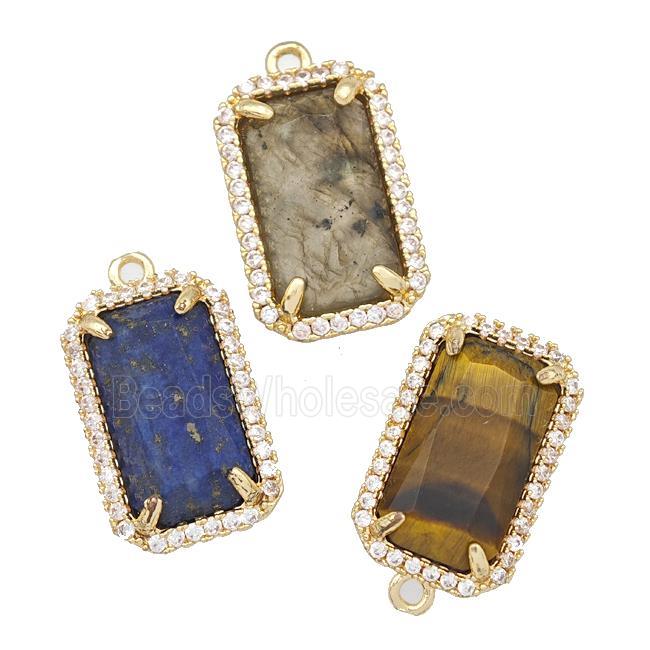 Natural Gemstone Rectangle Pendant Copper Pave Zircon Gold Plated Mixed