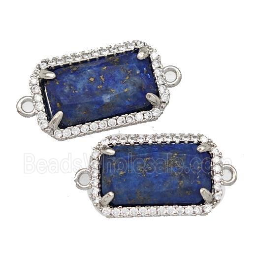 Natural Lapis Lazuli Rectangle Connector Copper Pave Zircon Platinum Plated