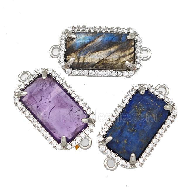 Natural Gemstone Rectangle Connector Copper Pave Zircon Platinum Plated Mixed