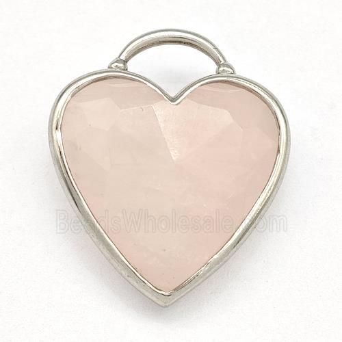 Natural Pink Rose Quartz Heart Pendant Faceted Platinum Plated
