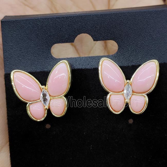 Natural Pink Queen Shell Butterfly Stud Earrings Gold Plated