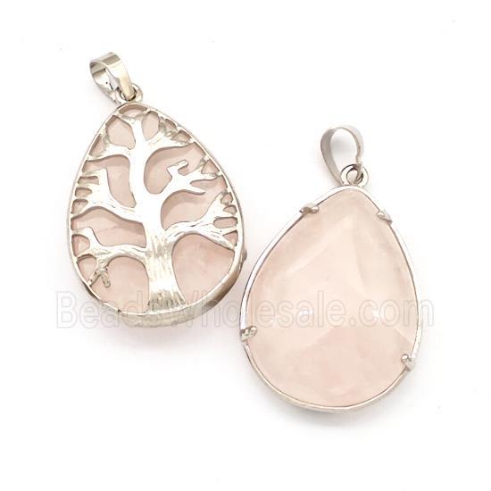 Natural Pink Rose Quartz Teardrop Pendant Tree Platinum Plated