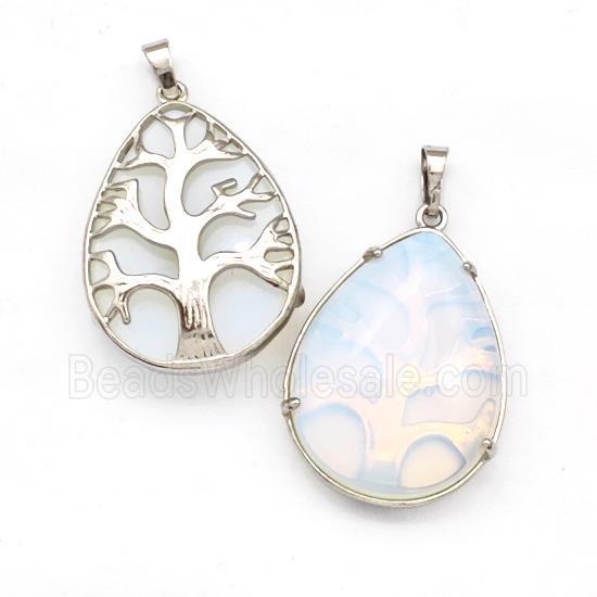 White Opalite Teardrop Pendant Tree Platinum Plated