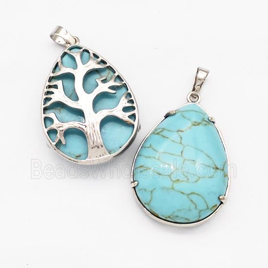 Blue Synthetic Turquoise Teardrop Pendant Tree Platinum Plated