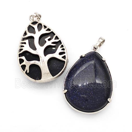 Blue Sandstone Teardrop Pendant Tree Platinum Plated