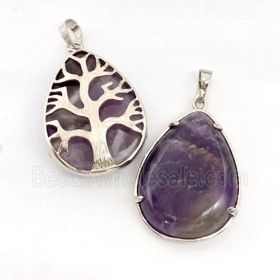 Natural Purple Amethyst Teardrop Pendant Tree Platinum Plated