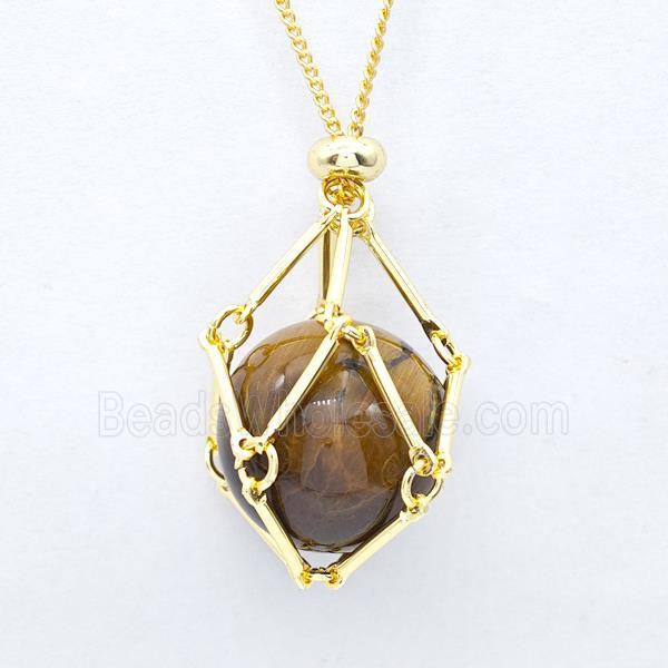 Natural Tiger Eye Stone Necklace Gold Plated