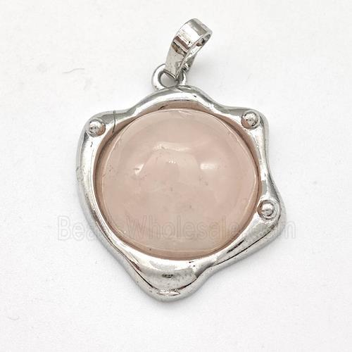 Rose Quartz Pendant Half Round Platinum Plated