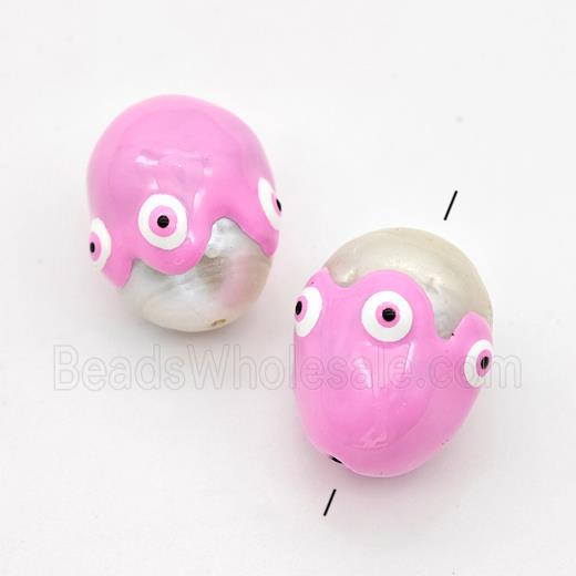 White Pearl Potato Beads Pink Enamel Evil Eye